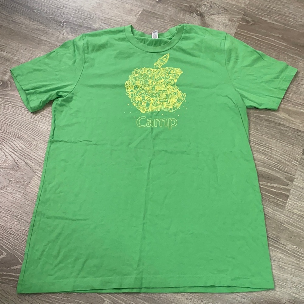 Apple Store Official Merch “Apple Camp” L logo tee Made in USA green yellow
